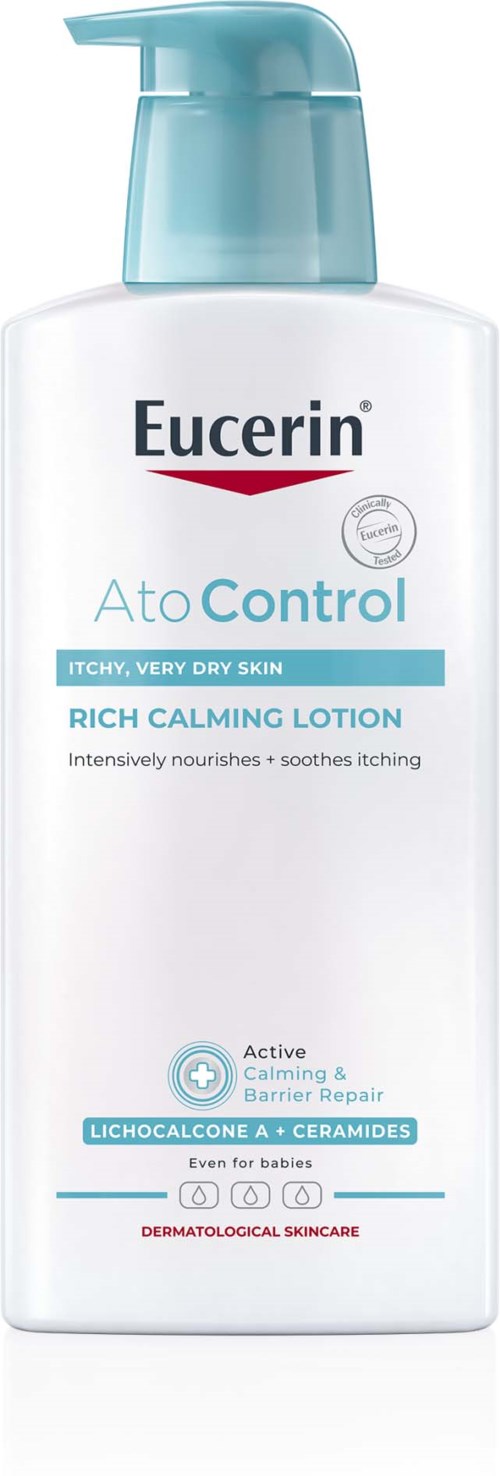 Eucerin AtoControl lotion voor zeer droge, jeukende huid, met kalmerende en voedende ingrediënten, geschikt voor baby's.