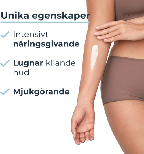De tekst benadrukt voordelen: voedend, rustgevend voor de huid, met kalmerende eigenschappen en zachte effecten.