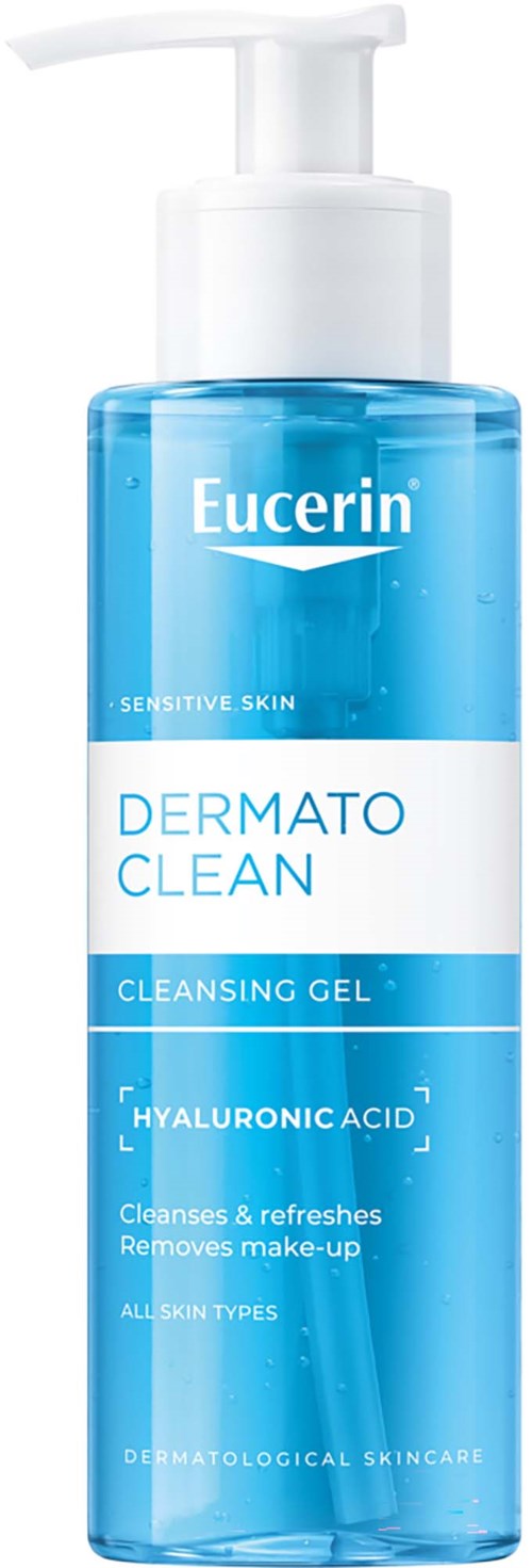 Blue bottle with pump labeled Eucerin Dermato Clean cleansing gel with hyaluronic acid for sensitive skin.