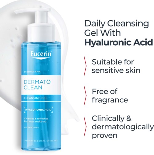 A blue bottle of Eucerin Dermato Clean cleansing gel with hyaluronic acid for sensitive skin.