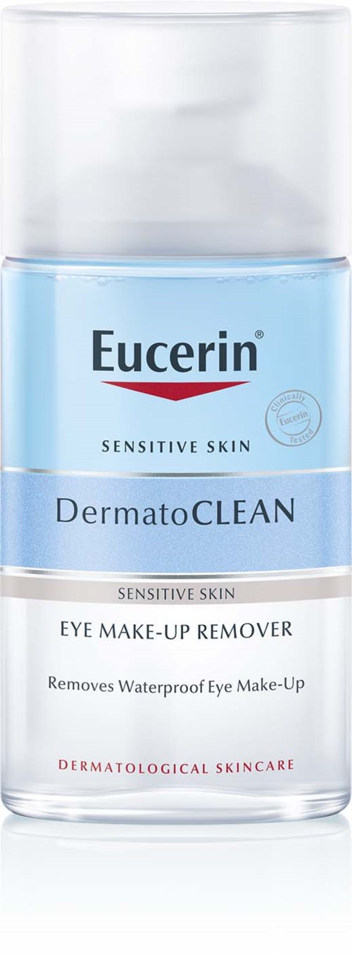 A clear pump bottle with blue and white label, used for removing waterproof eye makeup.