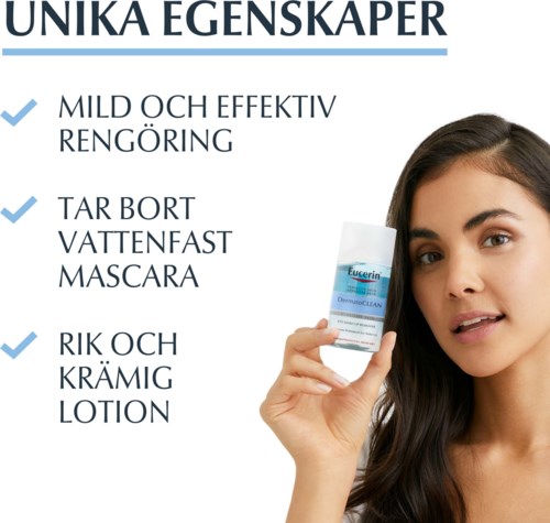 The image shows a woman holding Eucerin DermatoCLEAN product with text listing skin benefits like gentle cleaning and moisture.