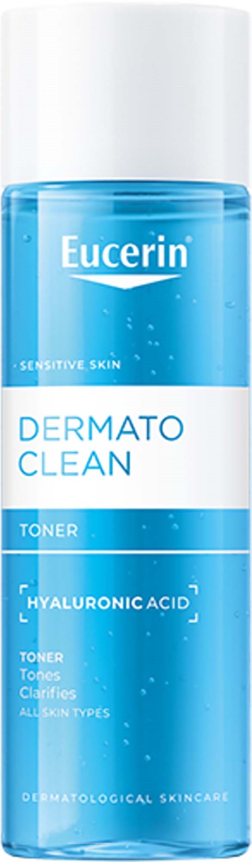 Blaues Flasche mit weißem Deckel, beschriftet Eucerin Derma Clean Toner mit Hyaluronsäure für empfindliche Haut.