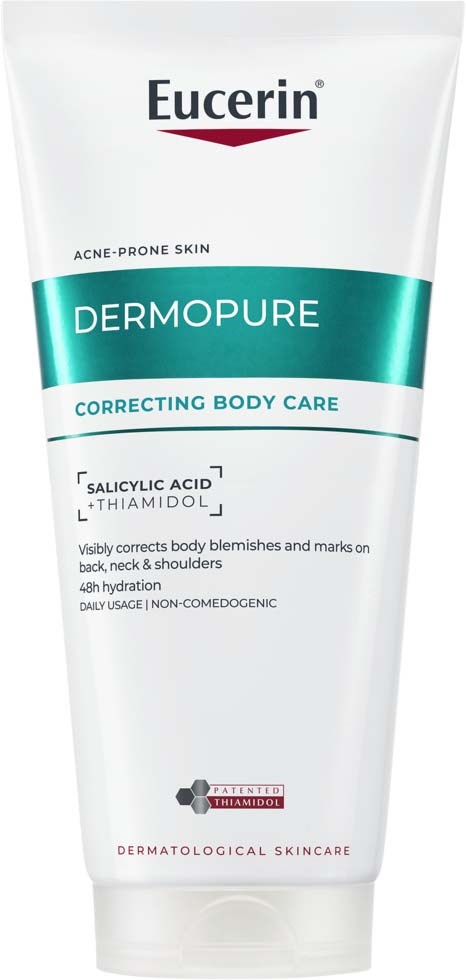 Een witte tube Eucerin DermPure crème voor acne-gevoelige huid, met blauwe en zwarte tekst en logo.