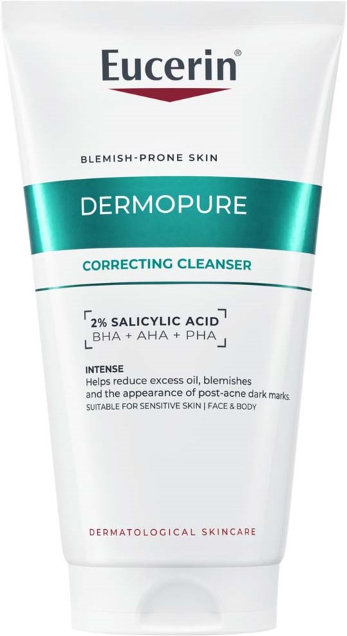 Weiße Tube mit Eucerin Dermopure Reinigungsöl für empfindliche, zu Akne neigende Haut, mit 2 % Salicylsäure.