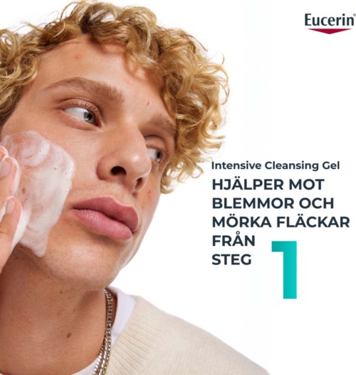 Eucerin Reinigungsgel entfernt Schmutz, Pickel und dunkle Flecken aus Schritt 1. Logo oben rechts.