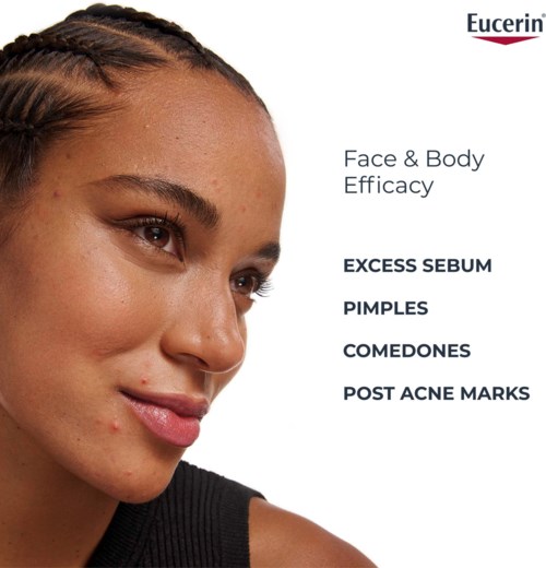 Eucerin Face & Body Efficacy -teksti mallin kasvoissa, joissa on selkeä iho ja joitakin finnejä.