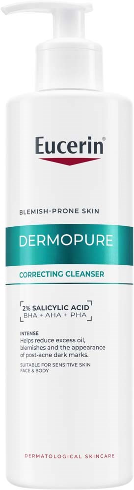 Eucerin Dermopure korrigierende Reinigung für zu Akne neigende Haut mit Salicylsäure, BHA, AHA, PHA und beruhigenden Inhaltsstoffen.
