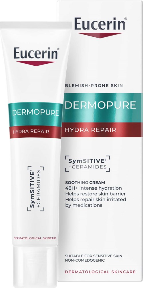 En hvit tube og eske med Eucerin Dermpure Hydra Repair beroligende krem for sensitiv hud. Den gir fukt og hjelper med helbredelse.