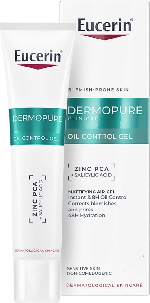 Eucerin Dermopure Oil Control Gel med sink PCA og salisylsyre for hud med kviser, viser produktens tube og esk.