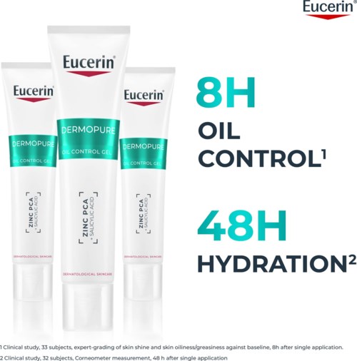 Eucerin Dermopure Oil Control gel i tre rør med blå, hvit og svart etikett, vekt på 8-timers oljekontroll og 48-timers hydrering.