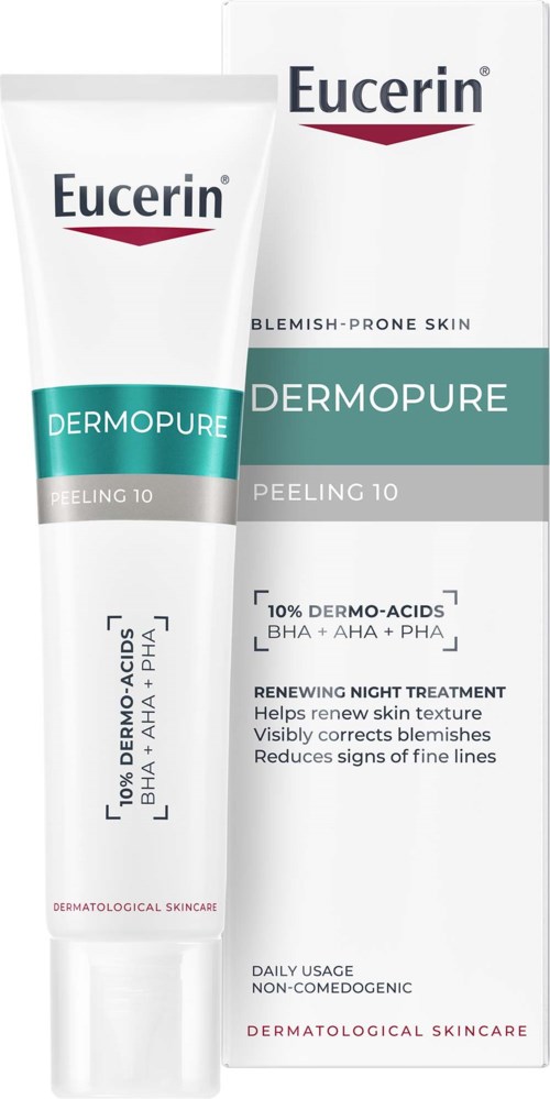Eucerin Dermopure peeling cream for blemish-prone skin, contains 10% dermo-acids, helps skin renewal, reduces signs of aging.