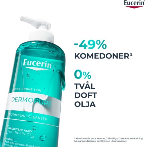 Eine türkisfarbene Flasche mit Eucerin DermoPure Reinigungsprodukt mit Pumpe, hebt einen 49% Rabatt hervor und Partikel im Produkt.