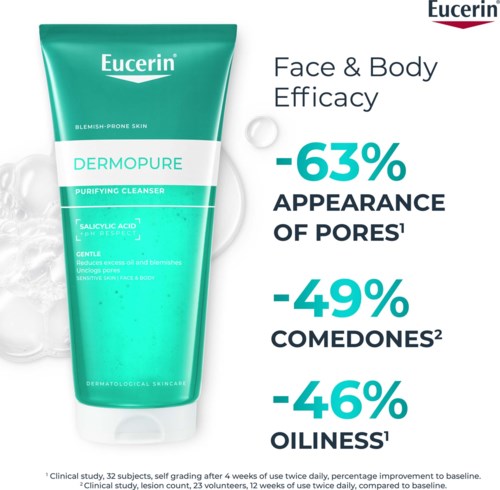Eucerin Dermopure puhdistusgeeli vihreässä putkilossa, tuotteesta ja eduista tekstit.