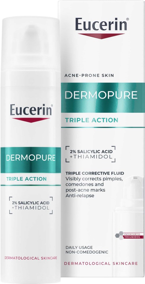 Eucerin Dermopure med Triple Action för aknebenägen hud, innehåller 2% salicylsyra och thiamidol, i ett vitt och teal paket.