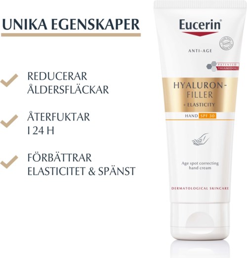 Een tube Eucerin Hyaluron-Filler met SPF 30 voor anti-aging, vermindert ouderdomsvlekken.