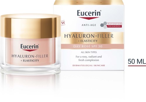 Eucerin hyaluron-filler crème met SPF 30 voor alle huidtypes, bevordert huidelasticiteit en een stralende uitstraling.