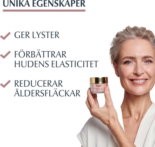 Vrouw glimlacht en houdt een huidverzorgingspot vast, met tekst die huidvoordelen benadrukt: helderheid, elasticiteit en vermindering van ouderdomsvlekken.