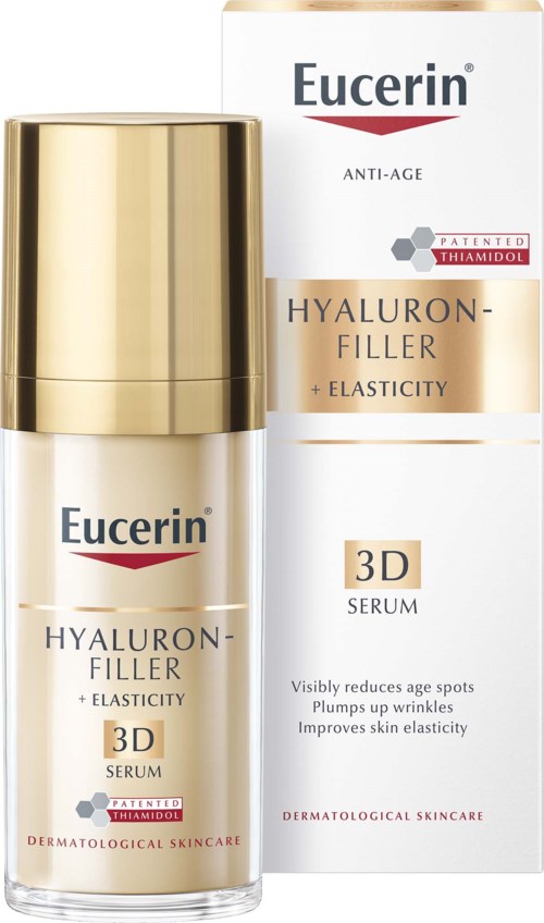 Een huidverzorgingsfles genaamd Eucerin Hyaluron-Filler 3D Serum met een gouden dop, en de doos met productdetails.