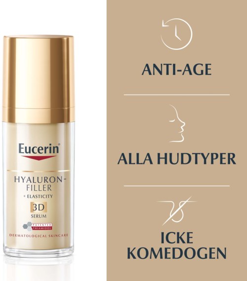 Eucerin Hyaluron-Filler serum verbetert de elasticiteit van de huid, vecht tegen veroudering en richt zich op diepe rimpels.