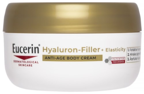 Een witte pot met gouden deksel bevat Eucerin Hyaluron-Filler anti-age body crème voor hydratatie en stevigheid van de huid.