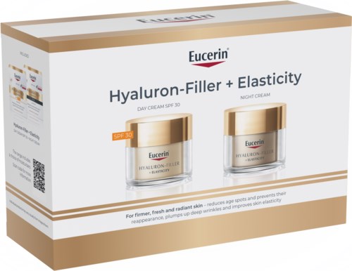 Verpackung für Eucerin Hyaluron-Filler + Elasticity Tages- und Nachtcreme, enthält SPF 30, mit Bildern der Tiegel.