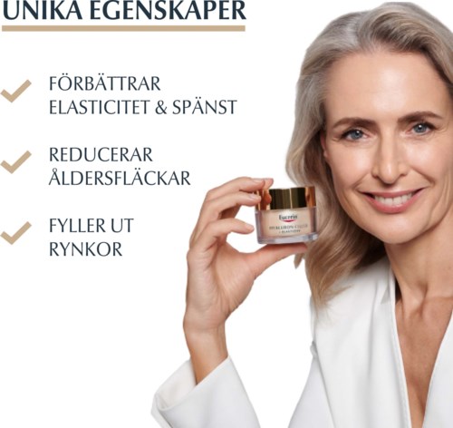 Vrouw glimlacht en houdt een huidverzorgingspotje vast, tekst benadrukt anti-veroudering, elasticiteit, rimpels en vlekken.