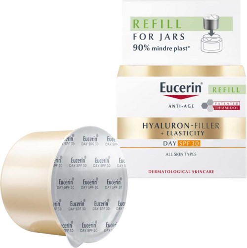 Verpakking van een huidverzorgingsproduct met Eucerin-merk, SPF 30, dagcrème, hyaluronzuur en navullabel.