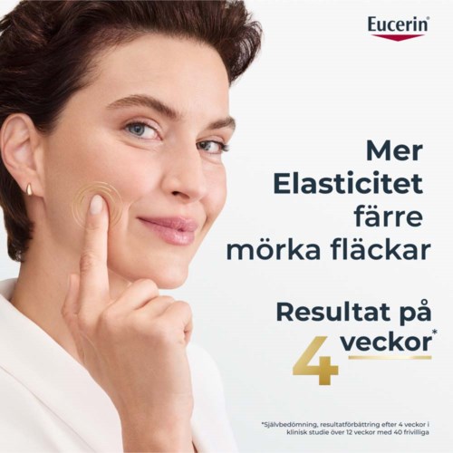 Eucerin-logo met Nederlandse tekst over huidelasticiteit die in vier weken verbetert.