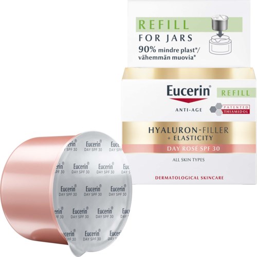 Eine Schachtel Eucerin Hyaluron-Filler + Elasticity Tagescreme mit SPF 30 und Nachfülltabletten für Gläser, fördert Festigkeit und Elastizität der Haut.