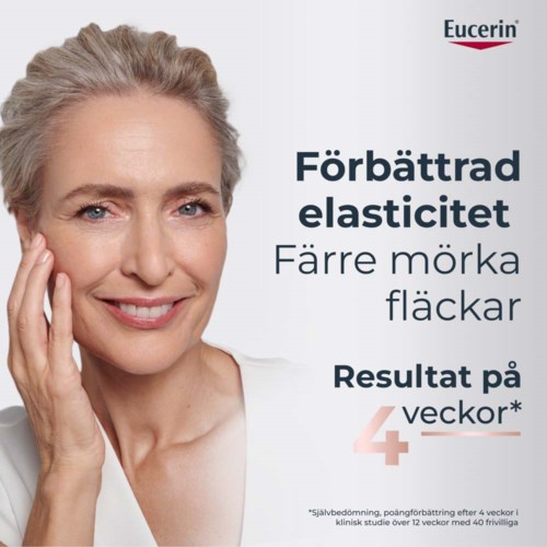 Das Gesicht einer Frau, die frisch und selbstbewusst aussieht. Bewerbt Eucerin gegen dunkle Flecken und für Elastizität.