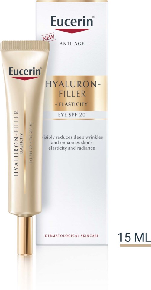 A tube of Eucerin Hyaluron-Filler eye cream with SPF 20 beside its box. It claims to reduce wrinkles and improve skin elasticity.