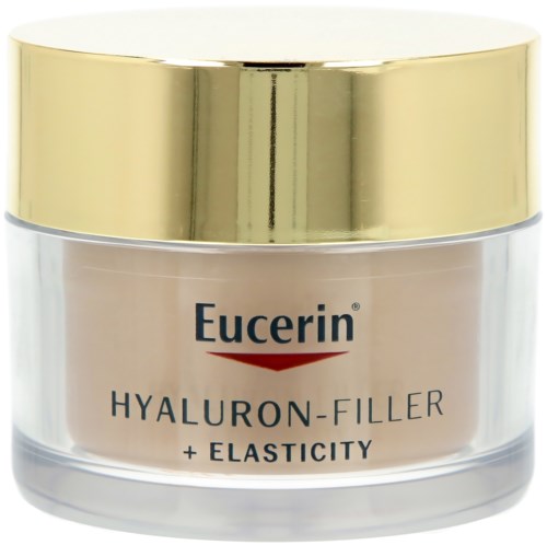 Een kleine pot Eucerin hyaluron-vuller en elasticiteit met gouden deksel en doorzichtige container.