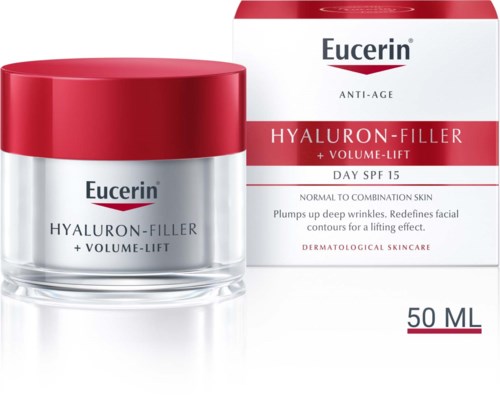 Eucerin Hyaluron-Filler dagcrème met SPF 15 in pot en doos, voor normale huid, vermindert rimpels.