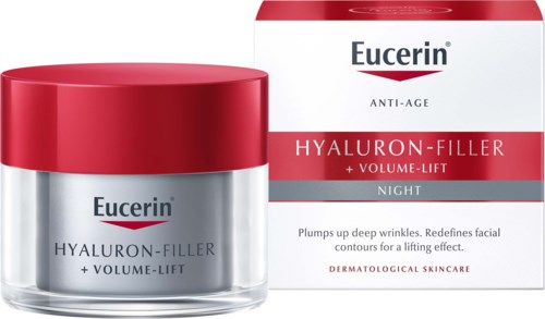 Eucerin nachtverzorging met hyaluronvuller en volume-lift. In pot en doos. Helpt rimpels te verminderen.