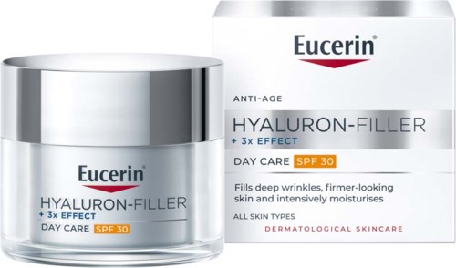 Eucerin hyaluron-filler dagcrème met SPF 30, ontworpen om rimpels te verminderen en de huid te hydrateren.