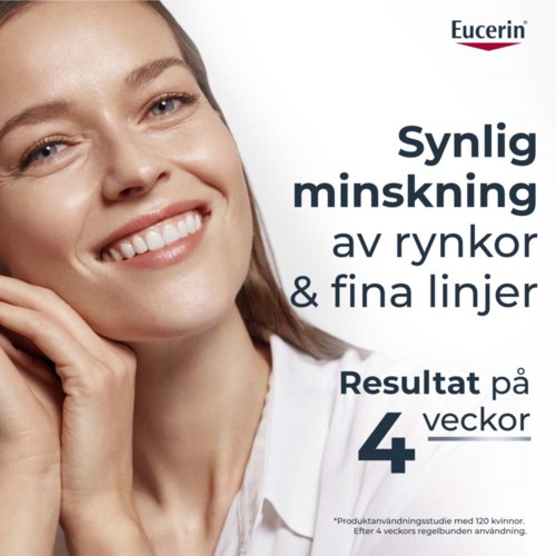Een lachende vrouw promoot Eucerin oogrimpelverminderende crème, resultaten na vier weken.