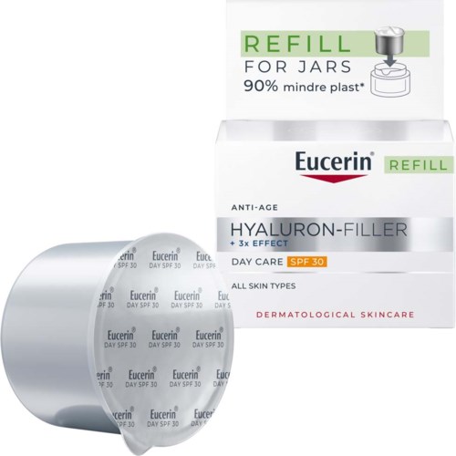Eucerin hyaluron filler dagcrème met SPF 30, navulverpakking voor potten, dermatologische huidverzorging, anti-veroudering, plasticvrije verpakking.