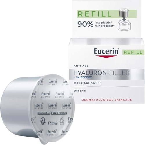 Doos met Eucerin Hyaluron-Filler Dagcrème SPF 15 en een refill container met 90% minder plastic.