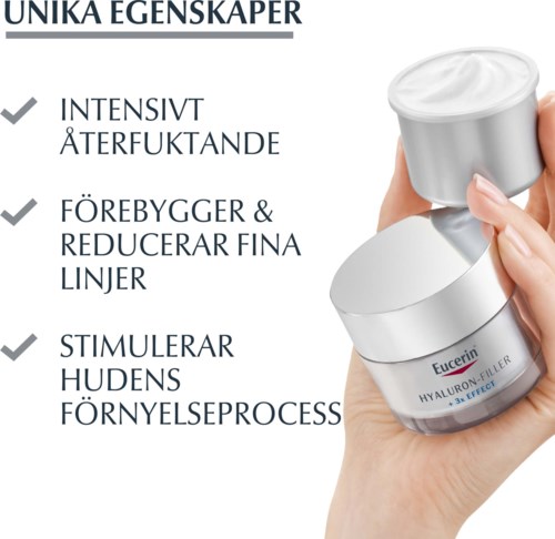 Een persoon houdt een potje Eucerin Hyaluron-Filler, met tekst over productfuncties zoals anti-aging en huidvernieuwing.