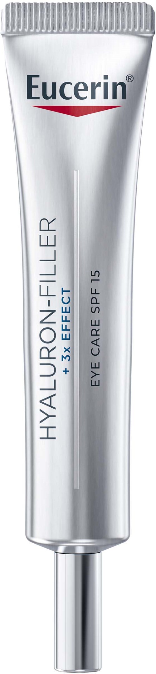 A silver tube of Eucerin Hyaluron-Filler eye cream with SPF 15. The tube is standing upright with a small applicator tip.