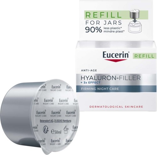 Doos met Eucerin Hyaluron-Filler nachtcrème met refills, en een container die crème-informatie toont.