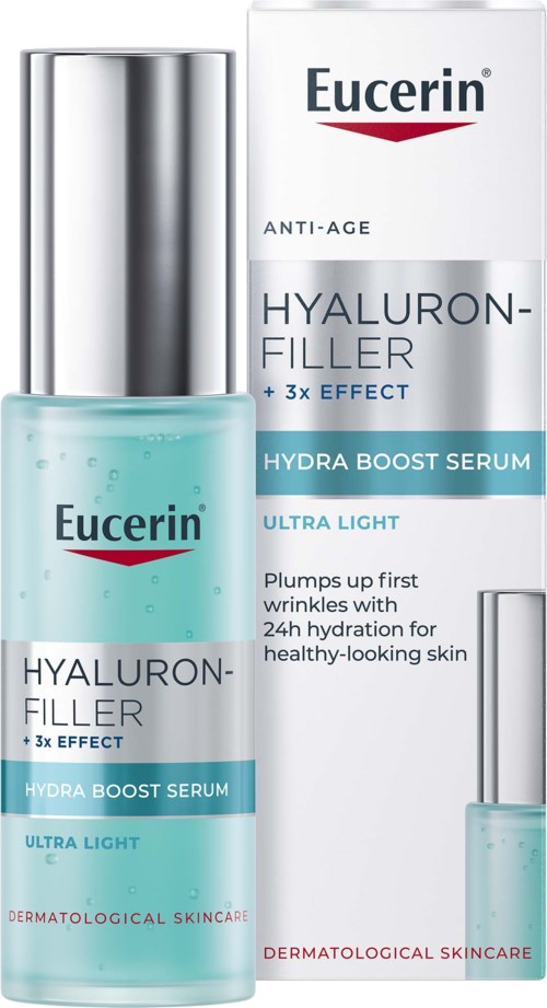 Eucerin Hyaluron-Filler Hydra Boost Serum op een doos, met een zilveren dop, blauwe serum en tekst over anti-aging en hydratatie.