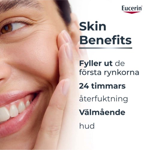Eucerin-logo met Nederlandse tekst over huidvoordelen zoals hydratatie en gezonde huid.
