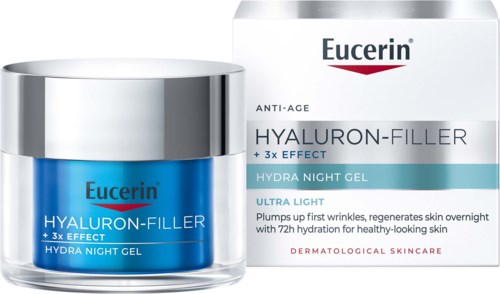 Blauwe gelpot en zilveren doos voor Eucerin Hyaluron-Filler nachtgel. De doos vermeldt anti-aging en 3x effect.