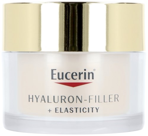 Een pot Eucerin Hyaluron-Filler crème met gouden deksel en eenvoudige witte label.