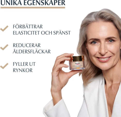 Glunderende vrouw die een crèmepot vasthoudt, met tekst over huidvoordelen zoals verbeterde elasticiteit, minder ouderdomsvlekken en rimpelvulling.