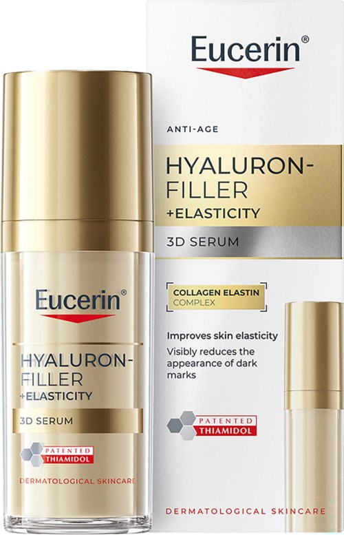 Eucerin Hyaluron-Filler ja Elasticity 3D seerumipullo sen in front of box, highlighting skincare for aging skin.