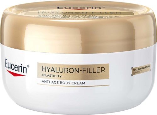 En vit och guldfärgad burk med Eucerin Hyaluron-Filler anti-ålders kroppskräm med collagen elastin complex etikett.