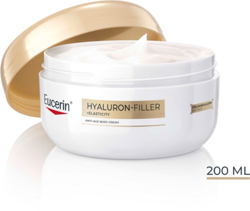 En vit burk av Eucerin Hyaluron-Filler anti-age kroppskräm med ett guldlock bredvid, 200ml.